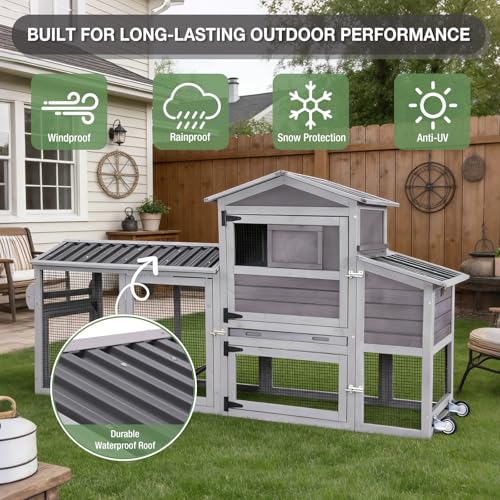 Large Chicken Coop with Run for 4–6 Chickens, Mobile Chicken Coop with Wheels, Wooden Hen House with 2 Nesting Boxes, Pull-Out Tray, Waterproof Roof, Outdoor Poultry Cage for Backyard
