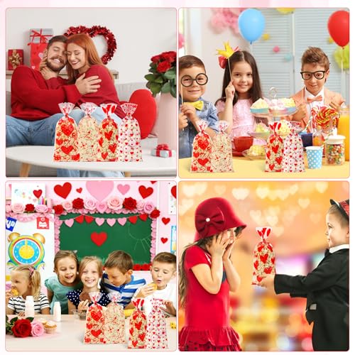 Soarvita 100PCS Valentine Goodie Bags – 5 x 11 Inch Red Heart Valentine Cellophane Treat Bags with 110 Twist Ties, Valentine's Day Candy Bags for Kids Classroom Exchange, Cookies, Gifts & Party Favors - color: Valentines-100pcs