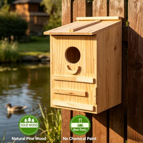 Extra-Large Wood Duck House - Handcrafted Natural Solid Wood Nesting Box for Wood Ducks & Mergansers, Easy Pole Mounting Kit for Pond, Wetland & Backyard