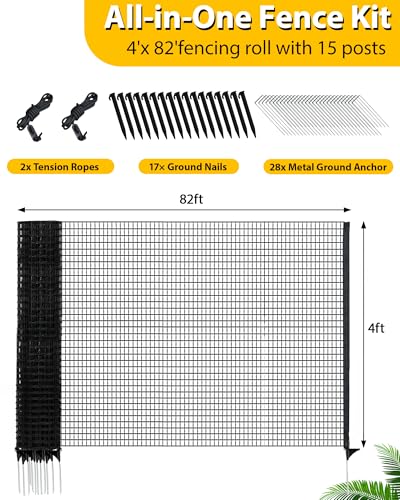 3'x82' Temporary Fence with Posts, Dog Fence Outdoor for Yard, Black | Mesh with step-in posts, No assembly required, Portable Fencing for yard, Garden fence animal barrier, Snow fence - color: Black, size: 4x82 ft