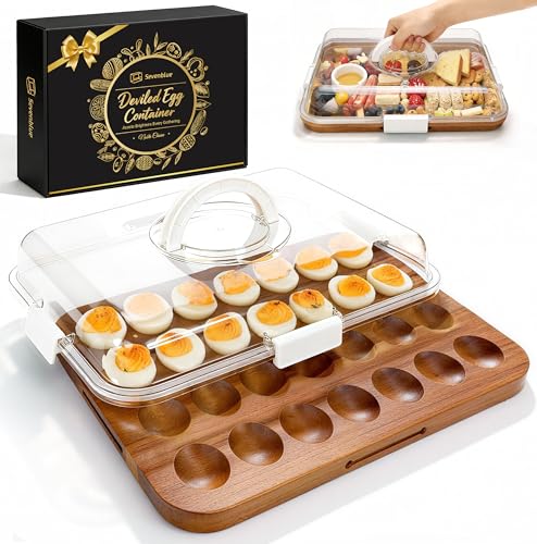 Deviled Egg Containers with Lid, Double-Sided Locking Design | Portable Acacia Wooden Base with 28 Slots, Deviled Egg Platter Carrier Holder Trays, for Party and Home Kitchen - color: White