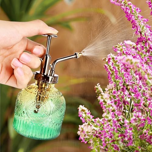 Glass Plant Mister Spray Bottle, 230ML Vintage Plant Spritzer, Succulent Watering Bottle Glass with Top Pump, Small Plants Sprayer Watering Can for Indoor Outdoor House - color: Brown Green Gradient Color Color