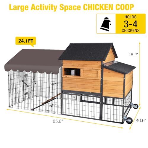 AIVITUVIN Chicken Coop Mobile for 6-8 Chicken Large Chicken House with Metal Frame Chicken Tractor with Wheels Wood Hen House Poultry Cage - size: 85.6"L x 40.6"W x 48.2"H