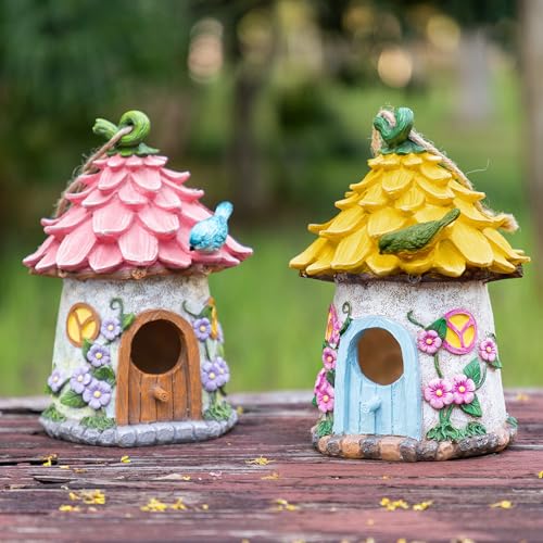 Glitzhome Bird Houses for Outside, 9" H Bluebird House Resin Yellow Roof Garden Hanging Birdhouses for Outdoors - color: 9"H Yellow