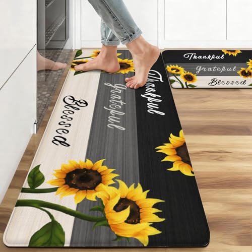 Sunflower Anti Fatigue Kitchen Rugs, 17.3"x47"+17.3"x29" | Non Slip Comfort Washable Waterproof Country Farmhouse Kitchen Decor Mat, Floor Rug Set of 2 for Home, Sink, Laundry - color: Sunflower