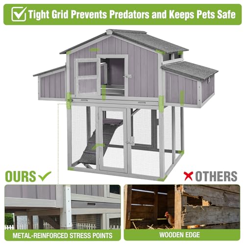 GUTINNEEN Large Foldable Chicken Coop Wooden with Nesting Boxes, Two-Tier Chicken House with Run, PVC-Covered Nest Box, Easy Clean Tray, Predator-Proof Outdoor Poultry Cage for 4–6 Chickens - size: 69.8"L x 42"W x 54.6"H