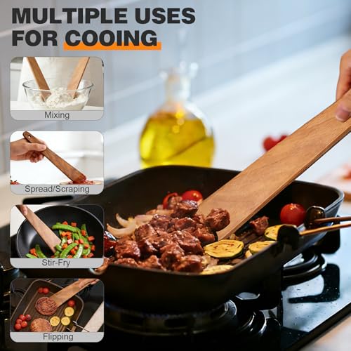 2PCS Teak Wooden Spatula for Cooking, 12 Inch Wood Spatula | Turner & Egg Flipper Scraper for Cast Iron, Flat Wood Cooking Utensils, Spatulas Spoons Perfect for Gift Ideas, Kitchen Gifts - size: Flat Spatulas