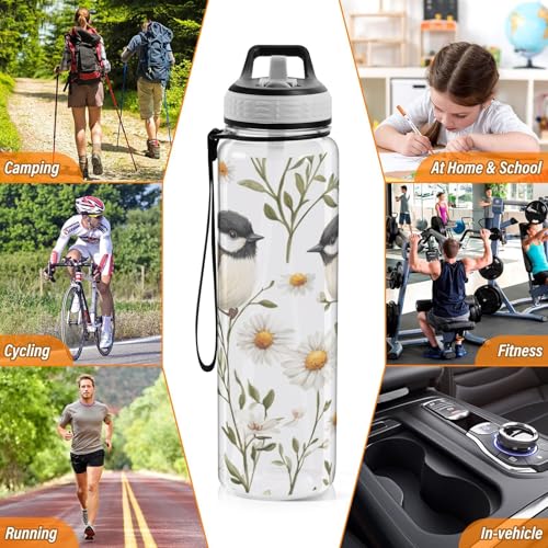 Chickadee Birds 32 oz Water Bottle - Clear Tritan, BPA-Free, LeakProof with Carry Strap for Sports, Gym & Outdoor Activities - color: C711