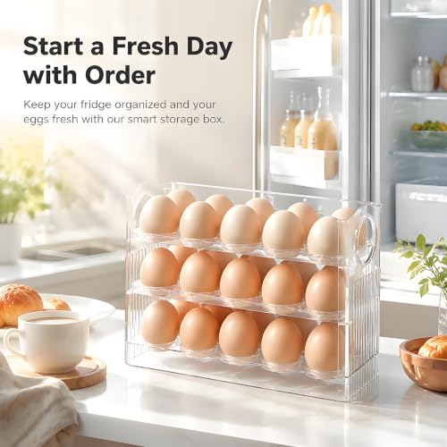 Egg Holder for Fridge, Holds 30 Eggs, Clear | 3-Tier Stackable, Egg Organizer for Refrigerator, Date Tracker & One-Hand Access, BPA-Free PET