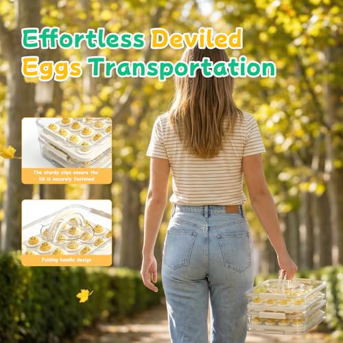 2 Pack Deviled Egg Containers with Lid, Durable Deviled Egg Platter, Fridge Portable Egg Tray with Lids for Party, Thickened Deviled Egg Carrier with Portable Insulated Bag and Piping Decorating Kit