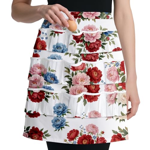 CUTHOLLOW Egg Collecting Apron for Adlut, Housewife, 18 Deep Pockets Hen Egg Gathering Holding Apron with Elastic Closures - style: Peony Flowers