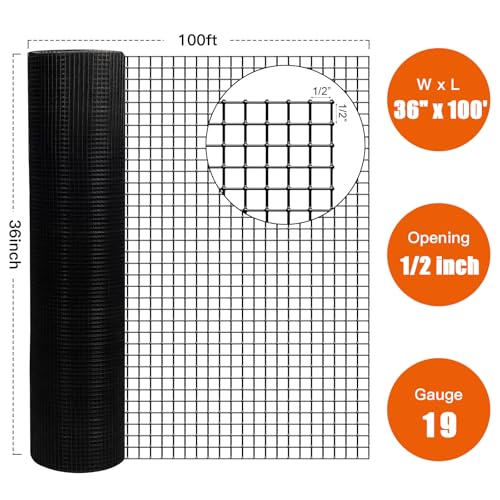 Zevemomo 36" x 100' 1/2inch Hardware Cloth, Black Vinyl Coated Chicken Wire Fence Galvanized Welded Mesh Roll for Home Garden Rabbit Cage - size: 36" x 100' 1/2inch