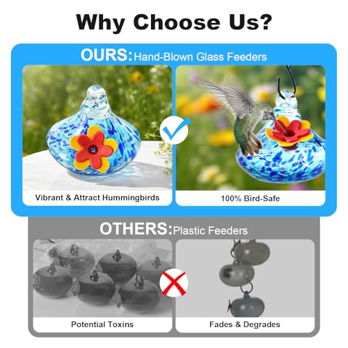 Wind Chime Glass Hummingbird Feeder - 20 Oz Outdoor Hanging Feeder with 6 Ports Attract More Hummingbirds, Leak-Proof Design, Unique Garden Backyard Decor & Ideal Gift, Blue