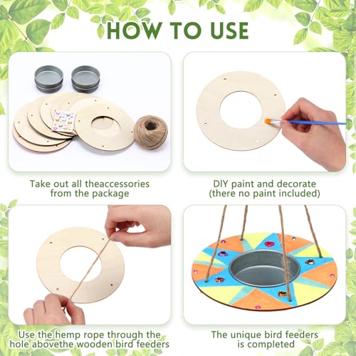 CroBlissful 12 Pack Bird Feeder Craft Kits for Kids DIY Your Own Bird Feeders with Paint and Paintbrushes Wooden Arts and Crafts for Kid Ornaments to Paint Feeders Craft for Garden (Round) - style: Round