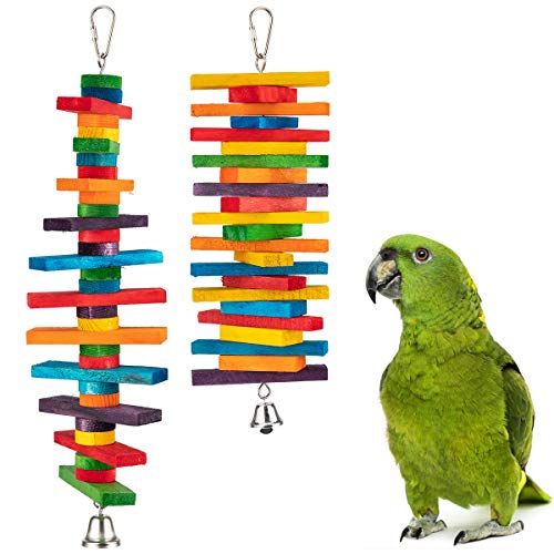 MEWTOGO 2Pcs Bird Toys, Parrot Toys with Multicolored Natural Wooden Blocks | Bird Chewing Sticks Toys, for Conures Parakeets Cockatiels Lovebirds African Grey Macaws Amazon Parrots Gift