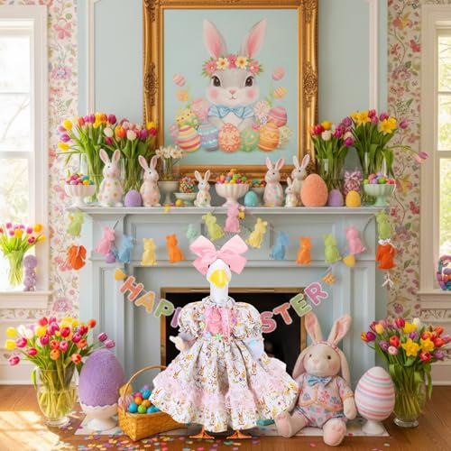 Abbylike 1 Set Easter Bunny Porch Goose Outfit Rabbit Yard Goose Costume Clothes with Bow Headband Fits Large 23'' H Cement for Easter Day Outdoor Patio Garden Lawn Pathway Spring Statue Decor - style: Cute