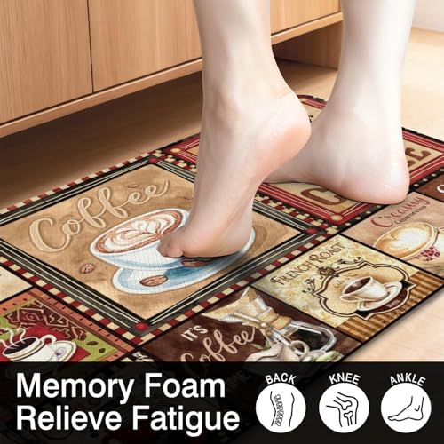 Coffee Anti Fatigue Kitchen Mats, 17.3"x47"+17.3"x29", Brown | Cushioned Non Slip Memory Foam Waterproof, Latte Cappuccino Kitchen Decor Rugs for Floor, Set of 2 for Sink Laundry Office - color: Coffee