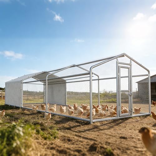 Large Metal Chicken Coop, Chicken Run for 20-30 Chickens, Heavy Duty Walk-in Poultry Cage with Waterproof Anti-UV PE Cover for Ducks Rabbits Geese, 19.5x9.7x6.4ft