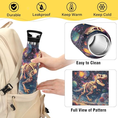 Dinosaur Water Bottles for Boys Oil Painting Leakproof Insulated Flask Jug Insulated Stainless Steel Travel Mugs Thermos Bottle Cups with Straw Lid for Sport 600ml - color: oil painting t-rex running