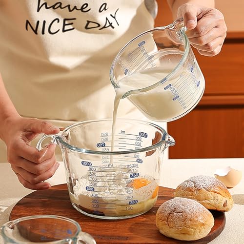 Clear Glass Measuring Jug 3 Pack Kitchen Measuring Cups with Scale | With scale, matched egg beater & flour measurer, dishwasher safe. Sizes:250ml,500ml,1000ml - color: Transparent