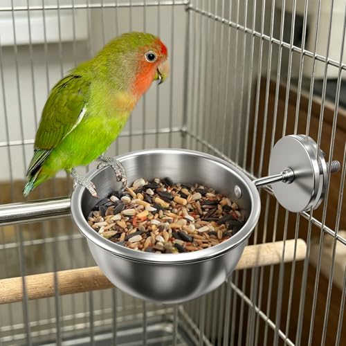 Anti-Tip Bird Bowls for Water and Food, Heavy Duty 304 Stainless Steel Parrot Feeder Cups with Locking Buckle, Bird Cage Accessories for Parakeet Cockatiel Conure Budgie, 12.5oz