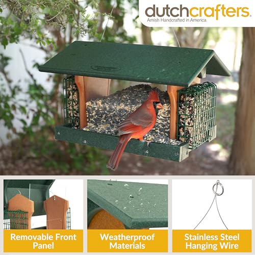 DutchCrafters Poly Hanging Large Hopper Bird Feeder with Two Suet Cake Holder Cages, Durable Long Lasting Outdoor Bird Feeder - Amish American Made in USA (Turf Green & Cedar) - color: Hanging - Turf Green & Cedar