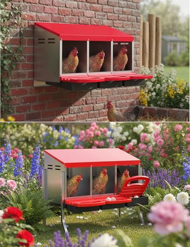 GarveeLife Chicken Nesting Box 3 Hole, Galvanized Steel Nest with Roll Away Egg Collection & Swing Perch, Easy-Clean Laying Box for Hens, Heavy Duty Design for Chicken Coop - color: Red, size: 3 holes with legs