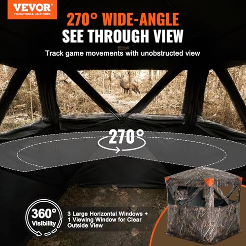 VEVOR Hunting Blind，See Through Ground Blinds with Carrying Bag, 360 Degree Portable Camouflage Tent，Durable Concealed Shelter with Silent Side Door and Window, for Turkey and Deer - size: 2-3 Person
