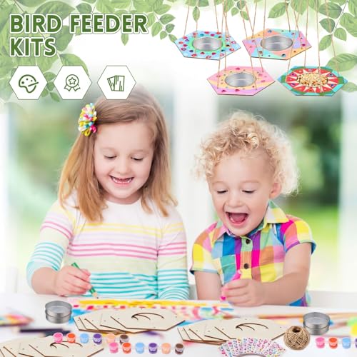CroBlissful 12 Pack Bird Feeder Craft Kits for Kids DIY Your Own Bird Feeders with Paint and Paintbrushes Wooden Arts and Crafts for Kid Ornaments to Paint Feeders Craft for Garden (Hexagon) - style: Hexagon