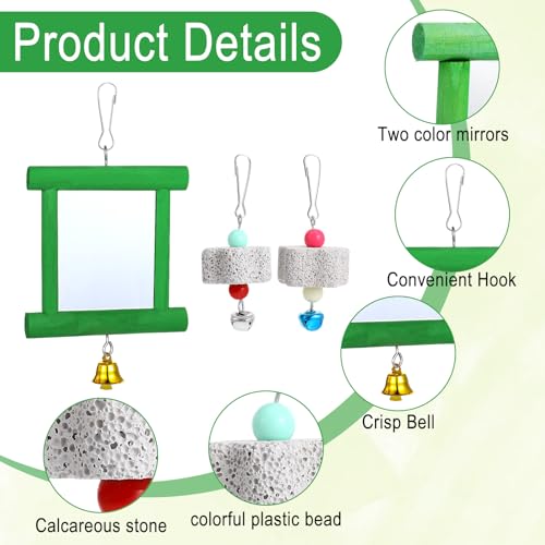 Chicken Mirror Toys with Bells, Hanging Swing Mirror, Wooden Pecking Toy, Beak Grinding Molar Stones for Hens, Birds, Parrots, Xylophone, Sepak Takraw Toy