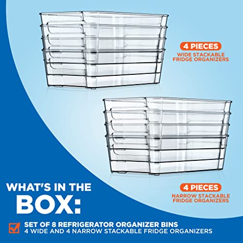 NutriChef Set of 8 Refrigerator Bins-4 Wide and 4 Narrow Stackable Fridge Organizers for Freezer, Kitchen, Countertops, Cabinets-Designed with Practical Carry Handles and Interior, 8 containers, Clear - style: 8-Piece