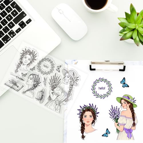 CHGCRAFT Lavender Woman Clear Stamps Female Transparent Stamps Flowers Silicone Clear Stamp Seals for DIY Scrapbooking Photo Album Decoration, 4.3×6.3 inch - style: Lavender Woman