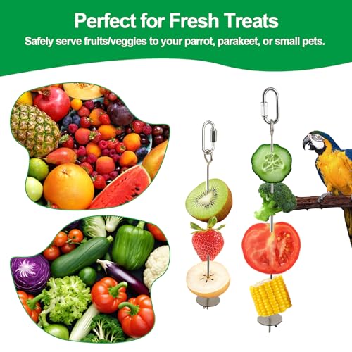 3 Pcs Bird Cage Food Holder Stainless Steel Parrot Fruit & Vegetable Skewer Hanging Foraging Toy for Parakeets, Budgies, Macaws - size: 3 Pcs