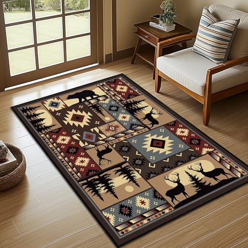 Rustic Rug for Bedroom,Cabin Wildlife Area Rug 3x5 Throw Carpet,Buffalo Plaid Bear Moose Deer Country,Ultra-Thin Washable Kitchen Rugs Indoor Entryway Rug Non Slip Floor Carpets for Living Room,Office - size: 3'x5'