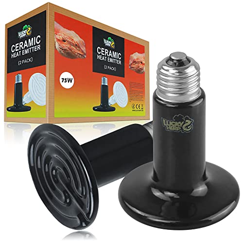 LUCKY HERP 75W Ceramic Heat Emitter, Reptile Heat Bulbs, Ceramic Heat Lamp for Reptiles, Amphibian, Chicken, Dog, Cat (2-Pack) - size: 75