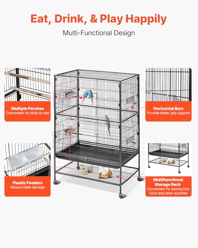 VEVOR Bird Cage, 31.5 x 20.5 x 52 inch, Flat Top, Wrought Iron Bird Flight Cage with Perches, Slide-Out Tray and Plastic Feeders, Casters, for Parrot, Blue Tit, Cockatiel, Canary, and Monk Parakeet - size: 31.5"L x 20.5"W x 52.0"H