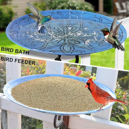 PFNRTH Bird Bath Deck Mounted Bowl 12 Inches for Garden Outdoor Yard Décor | Metal Blue Patterned Balcony Railing Bird Bath