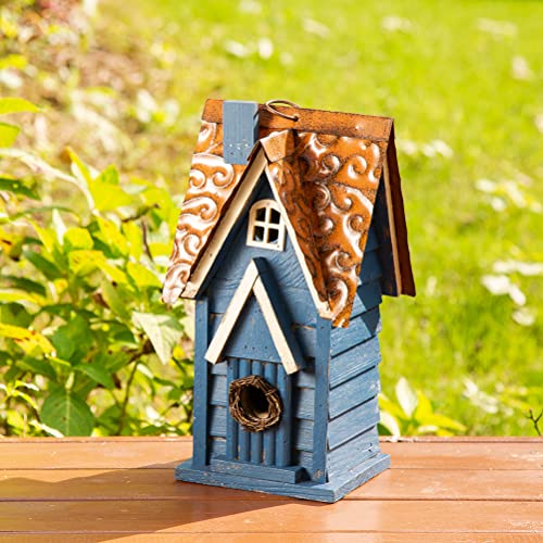Glitzhome Bird Houses for Outside, 12" H Retro Blue Distressed Solid Wood Cottage Birdhouse Hanging Bird House for Outdoors, Bluebird House for Garden Patio Backyard - color: 12"H Blue