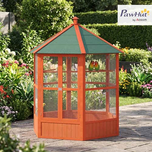 PawHut 44" Hexagon Covered Canopy Bird Cage with Stand Orange | Portable Aviary Flight Cage for Cockatiels, Conures, Lovebirds, Budgies & Small Birds