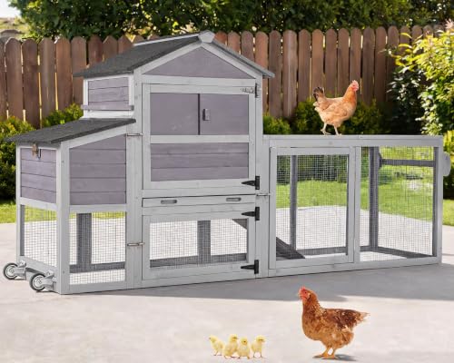 Aivituvin Mobile Chicken Coop with Wheels, 82.4" for 4-6 Hens(Grey) | 2 large nesting boxes with reinforced bottom keep eggs safe from raccoons and dogs Leak-resistant asphalt roof - color: Grey, size: 82.4"L x 26.0"W x 44.0"H