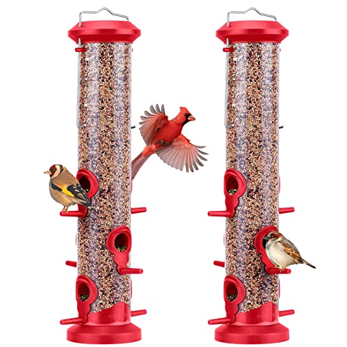Kingsyard 2 Pack Tube Bird Feeders for Outdoors Hanging, Premium Hard Plastic Bird Feeder with 6 Feeding Ports, Weatherproof & Steel Hanger, Attracting for Wild Birds (Red) - color: Red