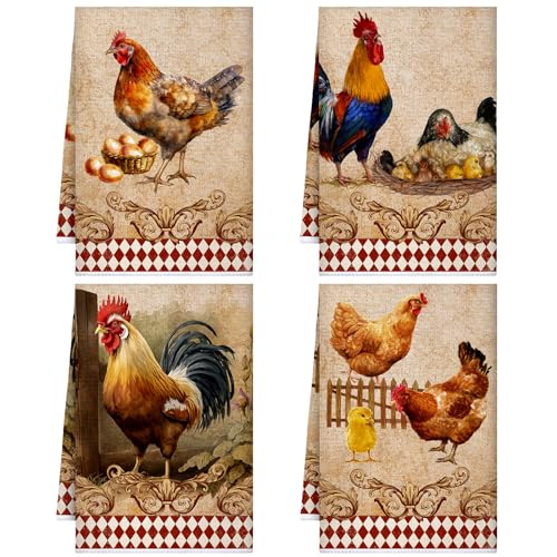 Geyoga 4 Pcs Chicken Kitchen Towels Rooster Dish Hand Towels | Farm Cock Hen Kitchen Decor, Vintage Rustic Tea Cloth, Chicken Lovers Gifts Bathroom Farmhouse Decor, 16 x 24 Inch - color: Classic Color, style: Rooster