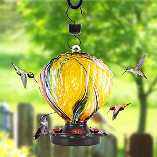 LUJII Seashell Shaped Hummingbird Feeder for Outside Hanging, Hand Blown Glass with Perches, Never Leak & Rustproof, Unique Gift for Women, Glass Art for Backyard Decor, 25 fl.oz, Ribbon - color: Ribbon