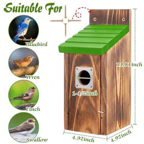 Dreyoo 2 Pack Bluebird Box Houses for Outside,1-1/2'' Entrance Hole Wooden Bird Houses with Metal Guard, Secure Latch,Fledgling Grooves,Air Vents for Bluebird Wren Swallow(Green Roof,Burnt Wood Body) - color: Green Roof,Burnt Wood Body