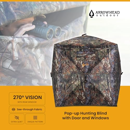 Hunting Stealth Deer Blind Shelter, Camping, Camouflage | 270° Vision 4.8x4.8 Ft Pop-up 2-3 Person See-Through, Magnetic Door, Sliding Windows and Backpack Carry Bag, Beach, Fishing