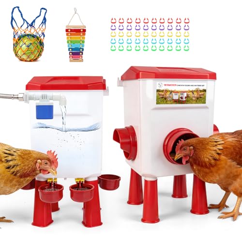 Chicken Feeder and Waterer Set, 2 Gallon Automatic Chicken Waterer with Float Valve, 26.5 Pounds Chickens Feeders No Waste with Vegetable Net & Xylophone Toy, Standing/Hanging Use for Poultry