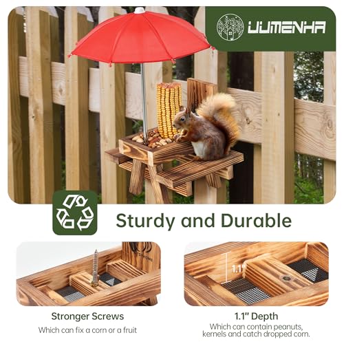 Squirrel Feeder for Outside with Umbrella, Carbonized Wood Squirrel Picnic Table Feeder with Corn Cob Holder & Peanut Tray, Durable Picnic Table for Squirrel and Chipmunk, New Premium Gift (Brown-red) - color: Brown-red