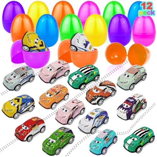 12 Pack Easter Eggs with Pull Back Car Toys, Colorful Eggs Vehicle for Kids Boys Toddlers Easter Basket Stuffers Filler Surprise Egg Hunt Classroom Prize Supplies Party Favors - style: 12 Pack Easter Egg with Pull Back Car