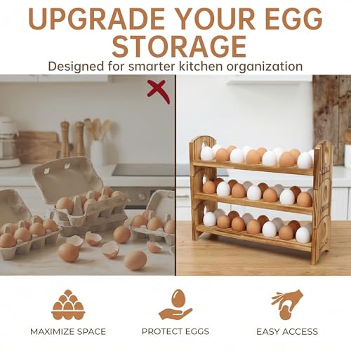 Wooden Egg Holder, 3 Tier 36 Egg Capacity, Farmhouse Egg Holder for Countertop, Stackable Egg Storage Rack for Fresh Eggs, Rustic Wooden Egg Organizer with Handles for Kitchen Counter