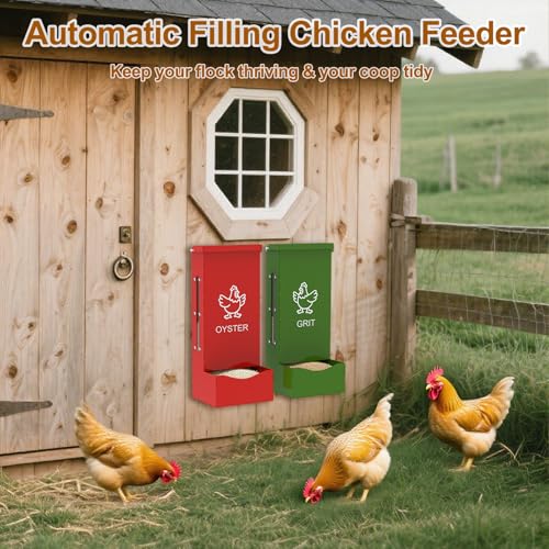 2 Pack Chicken Oyster Shell Feeder and Grit Feeder, Heavy Duty Metal Automatic Chicken Feeders with Lid, Gravity-Fed Chicks Food Dispenser Hanging Poultry Feeders for Coop Ducks Pigeons - color: Red + Green